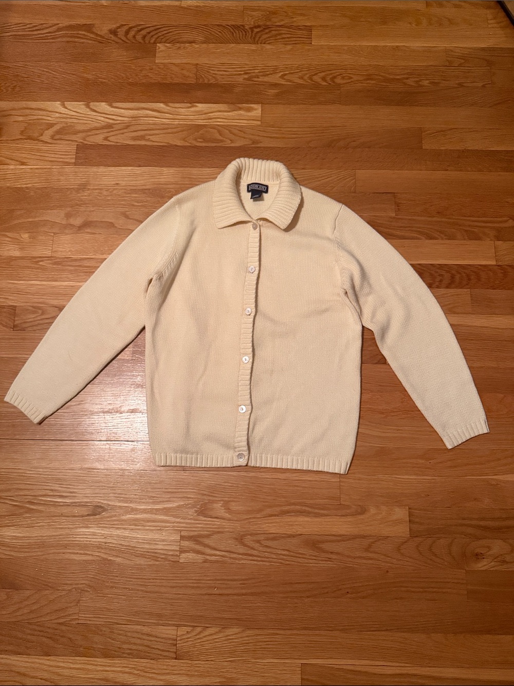 Lands' End Pale Cream Button-Front Ribbed Collar Cardigan Y2K